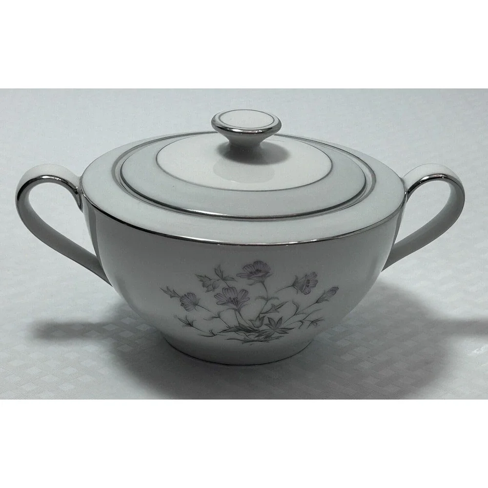 Vintage Royal M‎ By Fuji Sachet Flower Silver Rim Sugar Bowl With Lid Japan